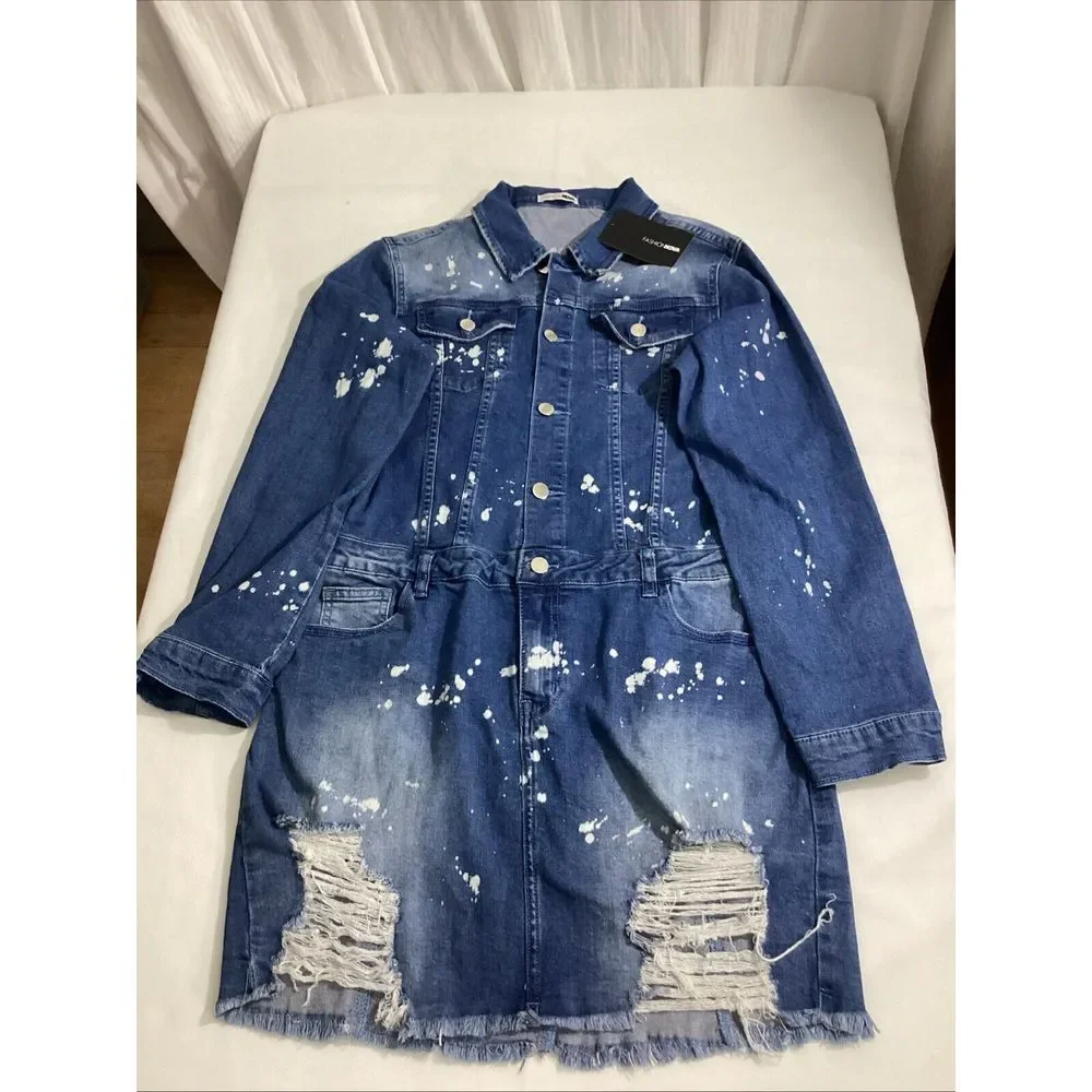 Fashion Nova Womens L Dress Blue Distressed Denim One Piece 58920 - Picture 8 of 8